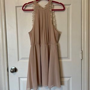 Nude Pink Sleeveless High Neckline Dress with Lace Detail